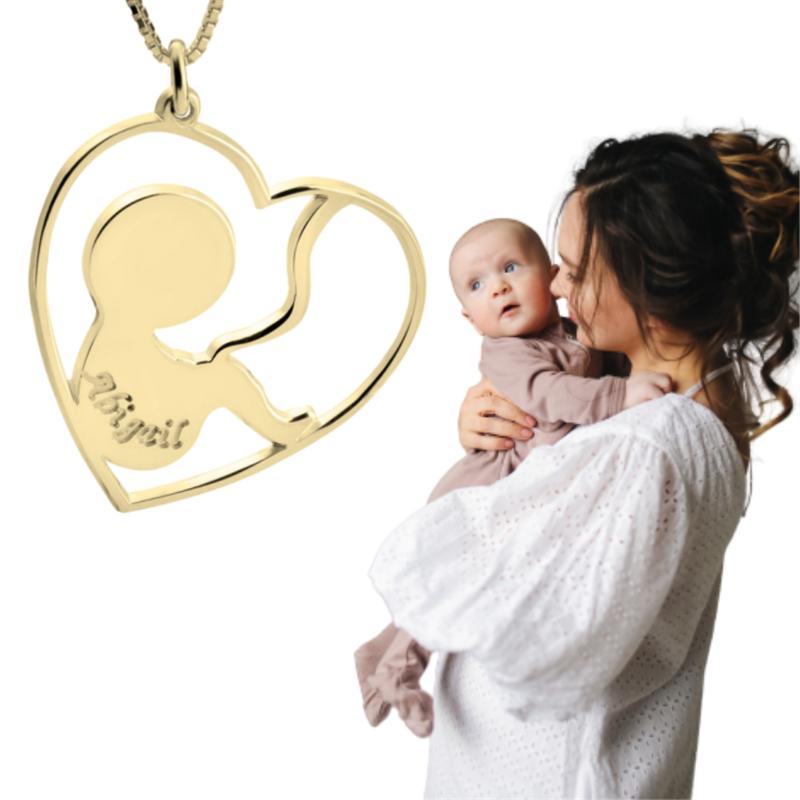 שרשרת לב עם שם תינוק - שרשרת לאמא חדשה - ציפוי זהב 24k